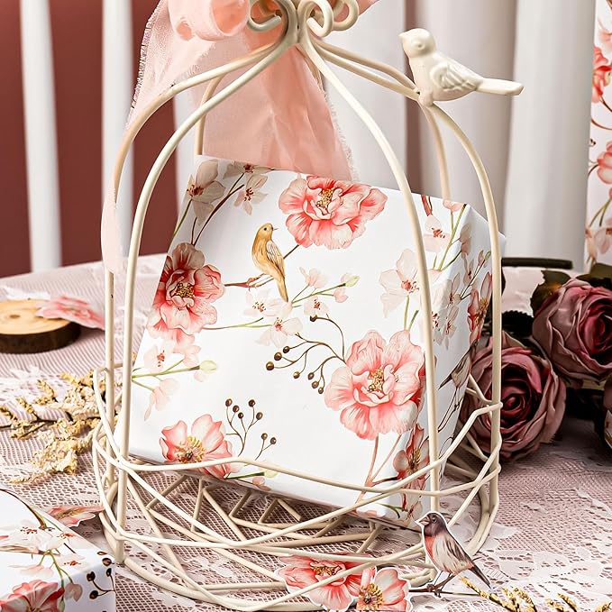 MIMUTI Watercolor Floral Wrapping Paper - Mini Roll - 17 Inch x 33 Feet - Red Gift Wrap with Flower and Bird Design for Girls, Wedding, Mother’s Day, Birthday, Valentine’s Day