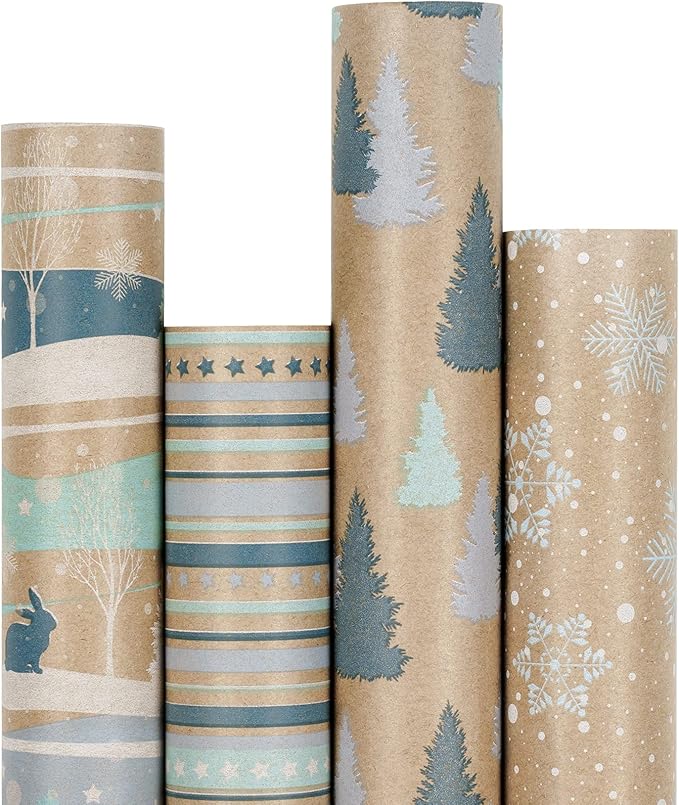 RUSPEPA Christmas Wrapping Paper, Kraft Paper - Reindeer, Stripe and Snowflakes in Blue Design - 4 Rolls - 30 inches x 10 feet per Roll