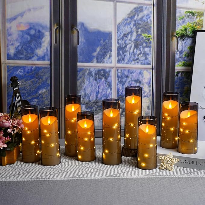 Flameless Candles with Embedded Star String, Battery Operated LED Pillar Candles with Timer and Remote Control,Home Decorating for Ambiance， Set of 9(Grey)