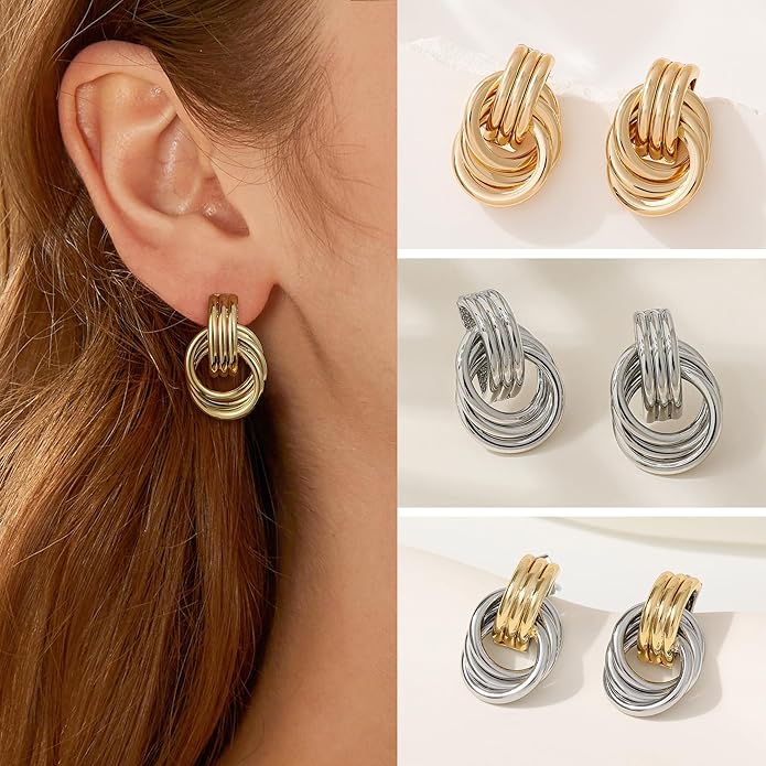 Stocking Stuffers for Women Chunky Gold Knot Dangle Drop Earrings Trendy Statement Earrings Hypoallergenic Lightweight Gold Jewelry Women Christmas Gifts