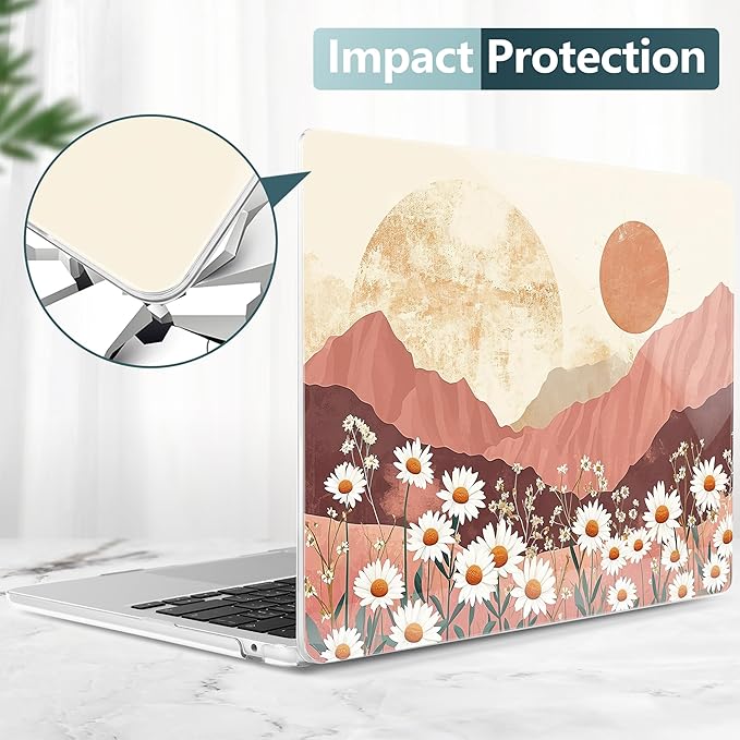 TWOLSKOO Compatible with M4 MacBook Air 13.6 inch Case 2025-2022 Release M4 A3240 M3 A3113 M2 A2681, Plastic Hard Shell & Keyboard Cover & Type C Adapter & Screen Protector, Mountains & Daisies
