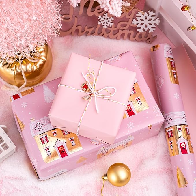 WRAPAHOLIC 30 Inch Jumbo Reversible Christmas Wrapping Paper - 30 Inch x 100 Feet Jumbo Roll Pink House and Solid Pink Wrapping Paper with Metallic Foil Shine for Chrsitmas, Holiday, Party