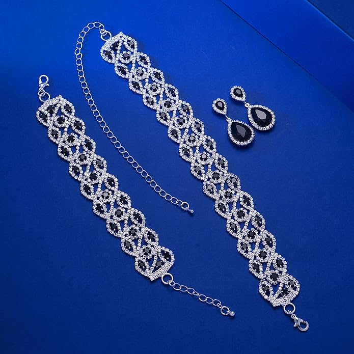 3/4 Pieces Women Jewelry Set Artificial Rhinestone Crystal Bride Statement Choker Necklace Tiara Crown Link Bangle Bracelet Teardrop Dangle Earrings Set
