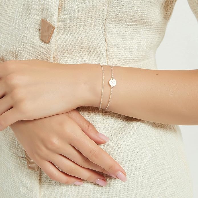 MONOZO Gold Initial Bracelets for Women Girls Valentines Day Gifts - Dainty 14K Gold Plated Layered Beaded Letter Initial Bracelet 26 Alphabet Disc Monogram Charm Bracelet Valentines Day Gifts for Her