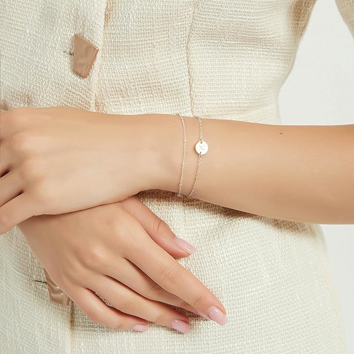 MONOZO Gold Initial Bracelets for Women Girls Valentines Day Gifts - Dainty 14K Gold Plated Layered Beaded Letter Initial Bracelet 26 Alphabet Disc Monogram Charm Bracelet Valentines Day Gifts for Her