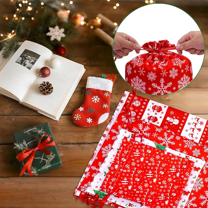 ARGCONNER 12 Pcs Christmas Gift Bags with Drawstring, Assorted Reusable Fabric Gift Bags in 4 Sizes and Designs for Xmas Holiday Party Favors, Treats, Stocking Stuffers