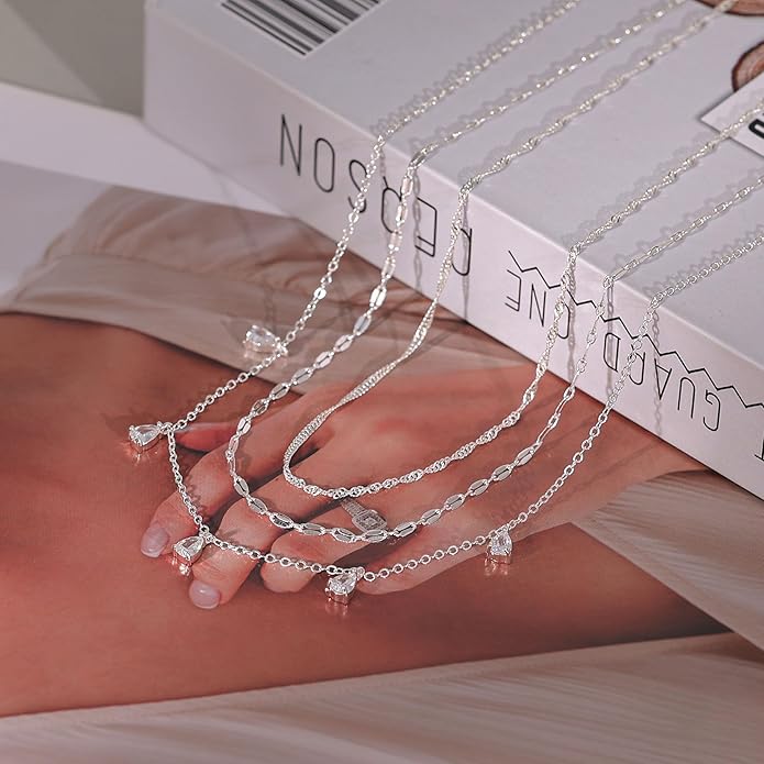 Layered Necklaces for Women, Dainty Gold Necklace Stack 14k Gold Plated Layering Cubic Zirconia Choker Necklaces for Women Trendy Simple Layered Gold Necklace Set Fashion Jewelry