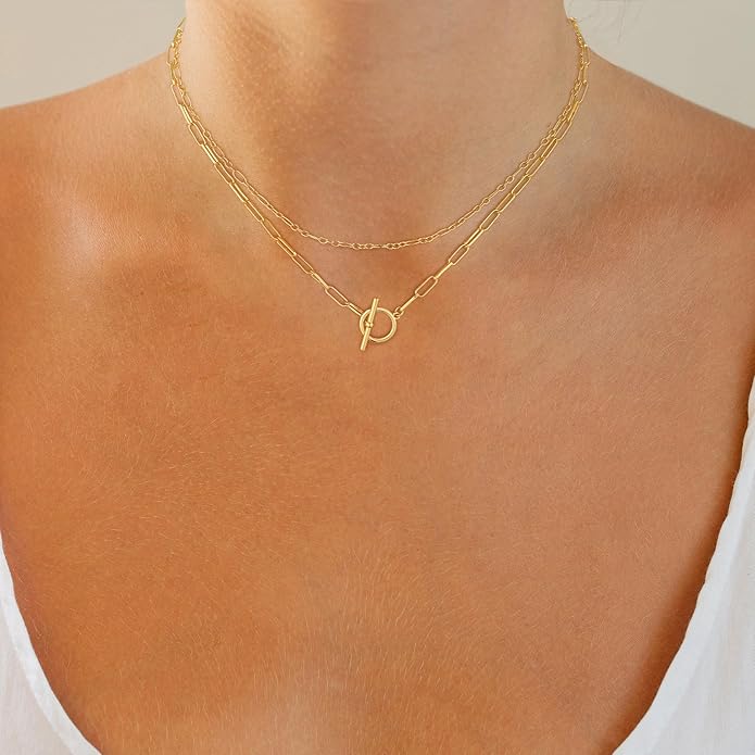 CHESKY Layered Necklaces for Women, 14K Gold Plated Chain Necklace Women Trendy Cuban Link Paperclip Chain Toggle Clasp Necklace Fashion Chunky Jewelry for Women