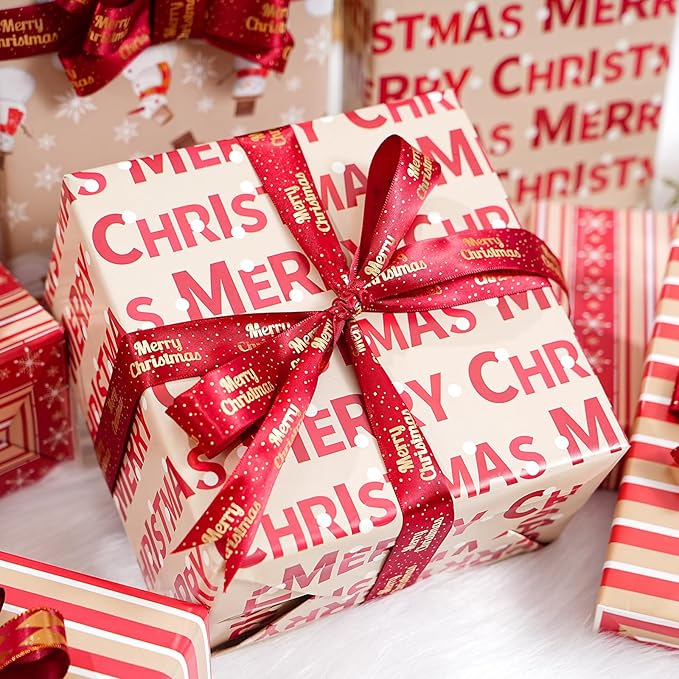 PlandRichW Christmas Wrapping Paper 12 Sheets Folded 20 x 29 Inches for Kids Adults, 4 Gift Wrap Designs Including Merry Christmas, Snowflakes, Snowmen, Red Stripes
