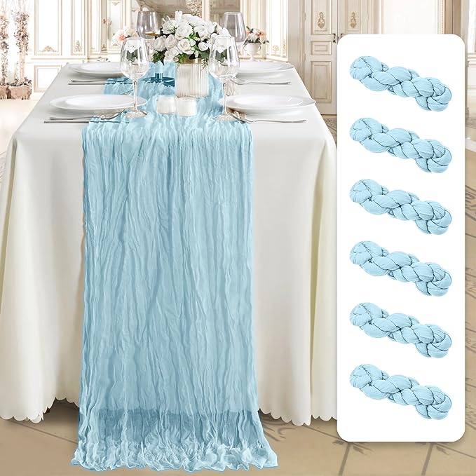 Cheesecloth Table Runner 6 Pack – 35x120 Inch (10ft) Boho Rustic Gauze Cloth Runners – Crinkle Polyester Table Decor for Wedding, Baby Shower, Bridal Shower, Birthday Party and More (Sky Blue)