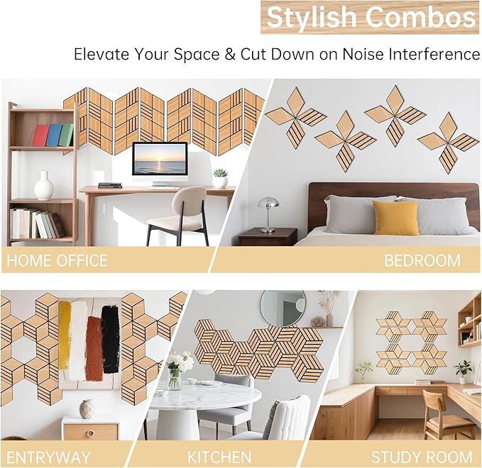 Mollywell Hexagon Acoustic Panels, Natural Oak S4, 14x12x0.4 Inch, 12 Pack |Wood Veneer|High Density Sound Proofing Wall Panels|Self Adhesive Sound Dampening Felt Wall Tiles|Home Theater|Gaming Room|