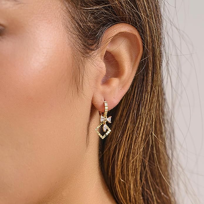 14K Gold Hoop Earrings for Women, 8mm Inner Diameter Huggie Hoops with Heart & Bow CZ Drop, Cubic Zirconia Elegant Dangle Earring, Hypoallergenic Dainty Jewelry, Aretes De Oro Para Mujer 14k