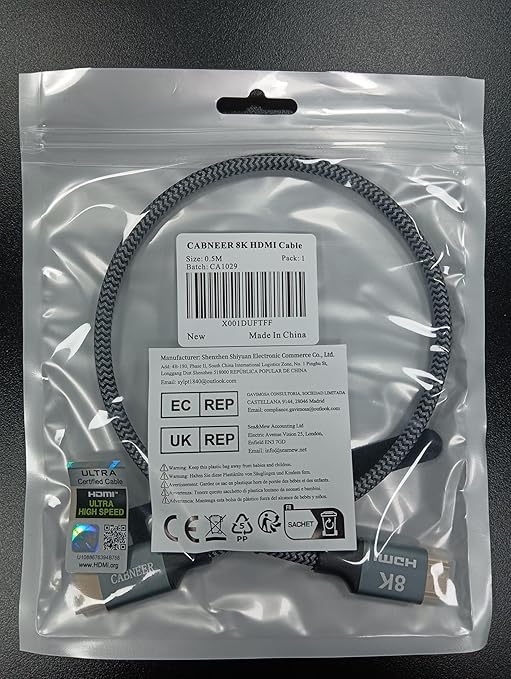 8K HDMI Cable 1ft, 48Gbps High Speed HDMI 2.1 Cable, HDMI Cord 8K@60Hz 4K@120Hz Support for HDR eARC HDCP 2.2&2.3, HDMI Cable 2.1 Compatible with HDTV, Laptop, Monitor, PC
