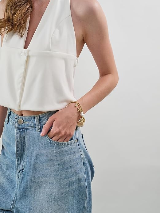 Gold Charm Bracelet for Women Boho Adjustable Shell Starfish Bracelet Summer Beach Ocean Statement Bracelets