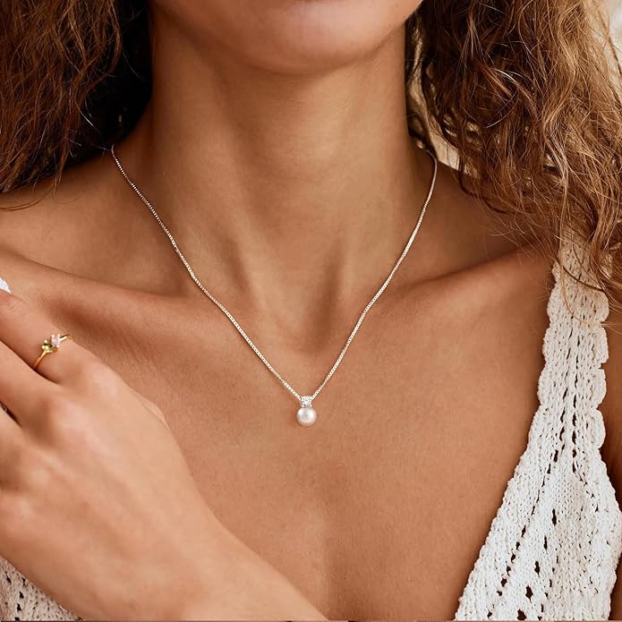 WFYOU Pearl Necklaces for Women Trendy 6MM 8MM 10MM Dainty Round Natural Freshwater Pearl Necklace Silver 14K Gold Plated CZ Pearls Necklaces for Women Birthday Bridesmaid Wedding Gifts Pearl Jewelry