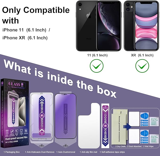 2 Pack Anti Blue Light Matte Screen Protector for iPhone 11 / iPhone XR, 9H Tempered Glass, Full Coverage, Anti-Fingerprint, Auto Dust-Elimination, No Bubble, Easy Installation