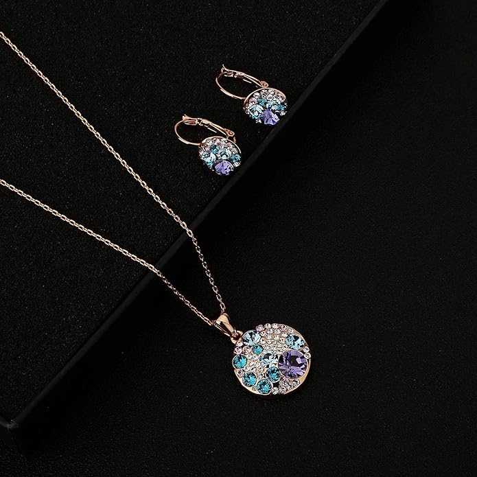 EVEVIC Austrian Crystals Round Disc Pendant Necklace Earrings for Women 14K Gold Plated Hypoallergenic Jewelry Sets