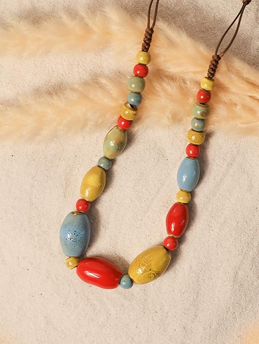 MINACHI Boho Hippie Round Ceramic Beads Strand Necklace, Vintage Bohemian Summer Beach Jewelry Gift for Women