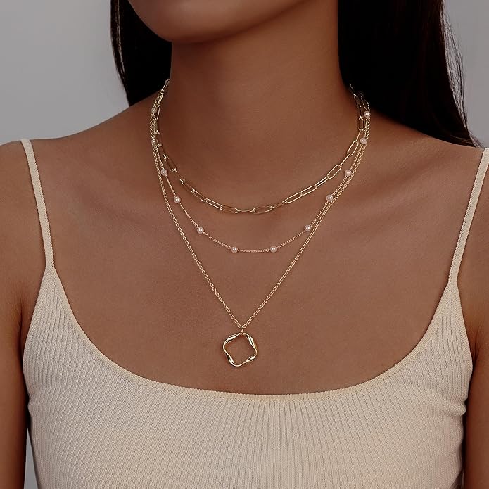 Evabelle Gold Layered Necklace for Women Trendy Jewelry 14K Real Gold Plated Chunky Chain Stackable Necklaces Dainty Choker Necklaces Rectangle Square Pendant