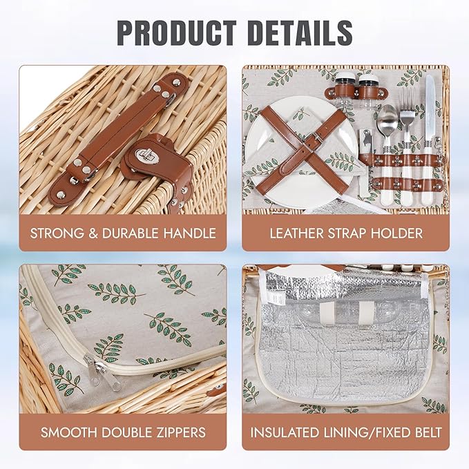 HappyPicnic Picnic Basket Set for 2 - Wicker Picnic Basket with Waterproof Blanket & Insulated Liner, Large Handmade Willow Hamper with Cutlery Kit for Outdoor, Picnic, Camping, Party, Holidays (Leaf)
