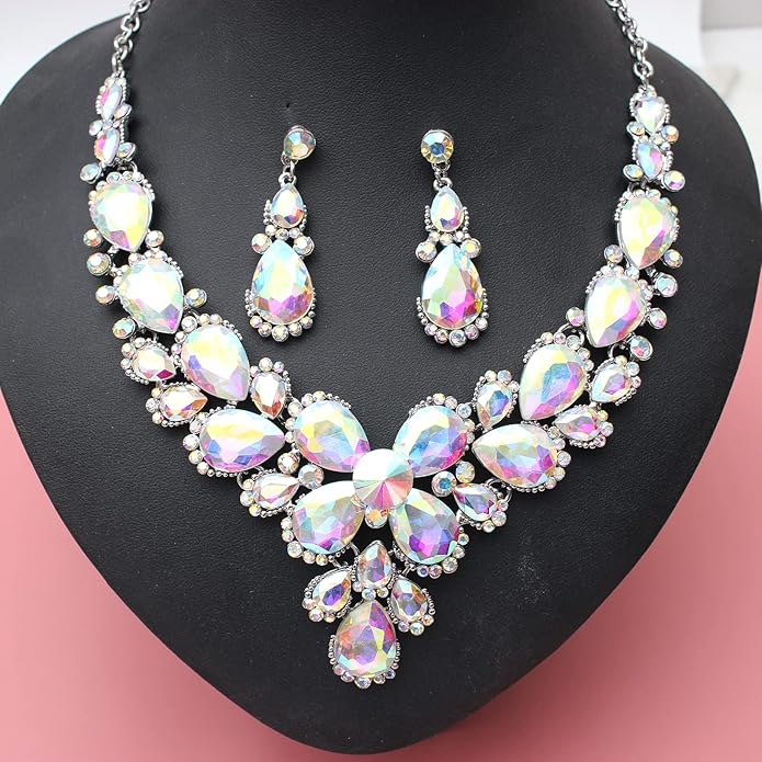 Women's Wedding Bridal Austrian Crystal Glass Teardrop Statement Necklace Dangle Earrings Bracelet Ring Wedding Party Jewelry Set for Bridal Bridesmaid