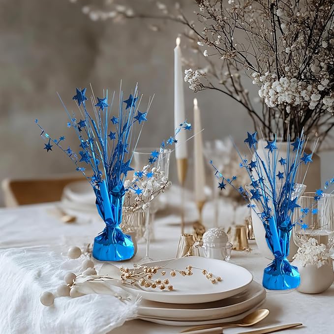 12 Pack Metallic Blue Foil Spray Centerpieces Stars Brust Table Centerpieces for Wedding Birthday Anniversary Holiday Party Decor, Metallic Star Balloon Wights for Party, Table Decor for Party