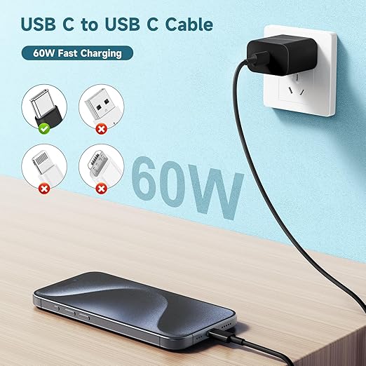 60W USB C to C Cable [3Pack] iPhone 15 Fast Charging Cable,6ft Long USB-C to USBC Power Cord for iPhone 16/15 Pro Plus Pro Max, MacBook Pro Air/IPad/iPad Pro 12.9/11,AirPods 4(Black)