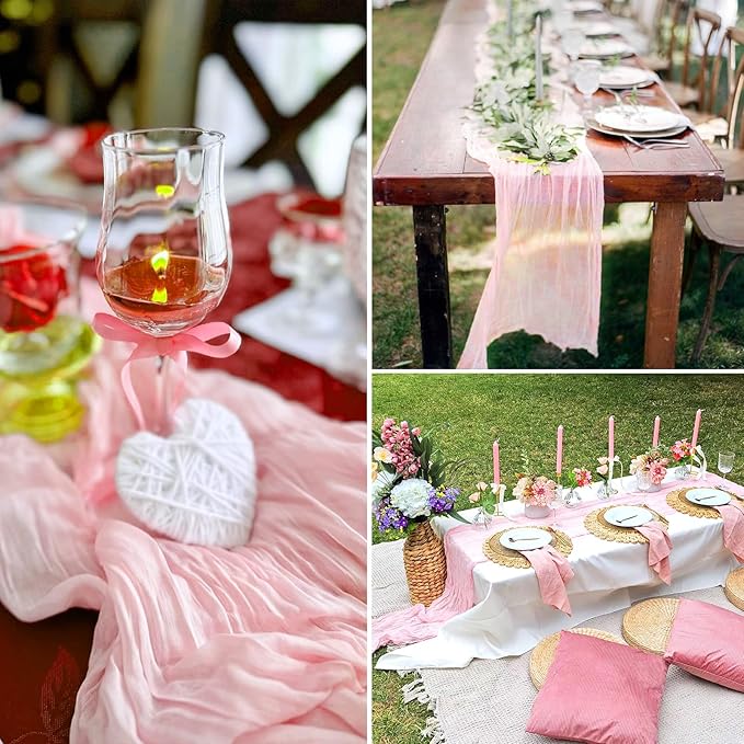 6 Pack Pink Cheesecloth Table Runner 10FT Boho Gauze Fabric Table Runner 35 x 120 Inch Rustic Sheer Runner for Centerpiece Wedding Decor Baby Shower Party Boho Table Decoration(Pink)