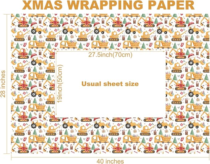 PlandRichW Construction Christmas Wrapping Paper - Cute santa with Hat Trucks, Cranes, Excavators & Xmas Trees - 40×28 Inch Xmas Gift Wrap, 4 Folded Sheets for Kids & Adults