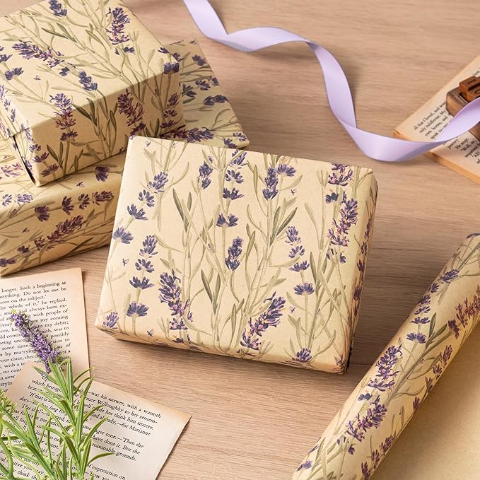 RUSPEPA Lavender Wrapping Paper Roll for Women, Delicate Floral Kraft Gift Wrap, Purple Lavender Design Perfect for Spring, Wedding, Mother's Day, Bridal Shower and Birthday, 17 Inches x 32,8 Feet