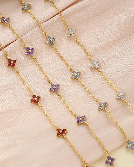 JSJOY Birthstone Bracelets for Women, 14K Gold Bracelets for Women Mom Gifts Birthday Valentines Day Gifts for Gf Dainty Flower Gift for Her Birthstone Bracelet Mothers Day Gift