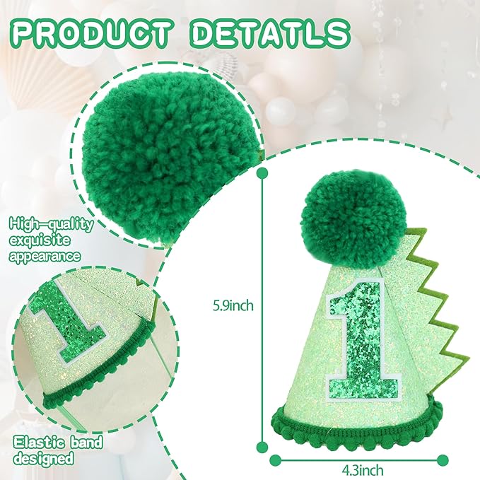 Green Glitter Dinosaur Birthday Cone Hat for 1-5 Years Old Kids Boys Dino Dinousour Birthday Hat Party Decoration