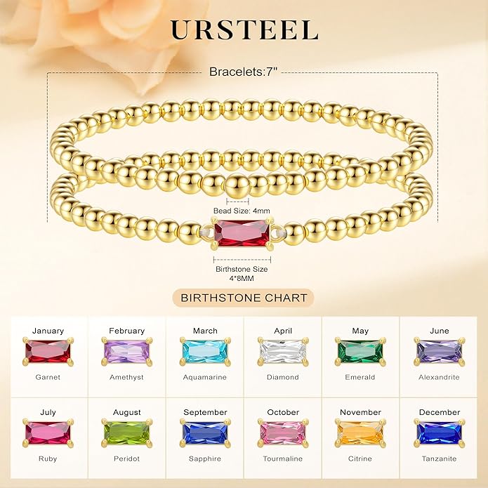 Ursteel Valentines Gifts for Her Kids Girls, Elastic Birthstone Bracelet for Women 14K-Gold-Plated Beaded Bracelet Non Tarnish Trendy Birthstone Jewelry Birthday Gifts for Women