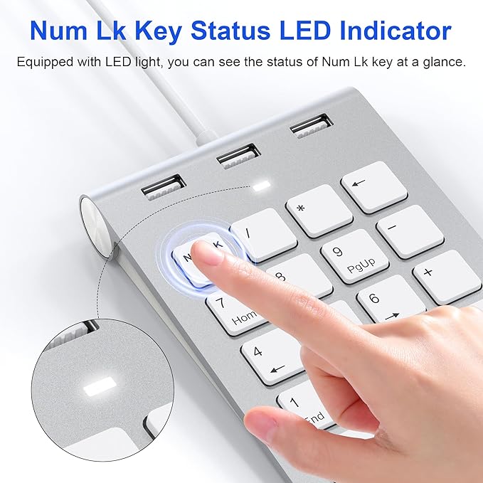 Wired USB C/A Number Pad - Numeric Keypad & Hub with 3 USB2.0 Ports - Portable Slim 18 Key Number Keypad Keyboard for Laptop PC Pad Surface MacBook, Wired Numeric Keypad with Type C & USB Cable 1.6Ft