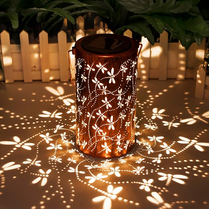 Christmas Gifts,Solar Lanterns Outdoor Hanging Lantern Lights, Dragonfly Hollowed-Out Metal Decor Lantern, Waterproof LED Decorative Garden Light - Delicate Garden Decoration for Patio, Yard