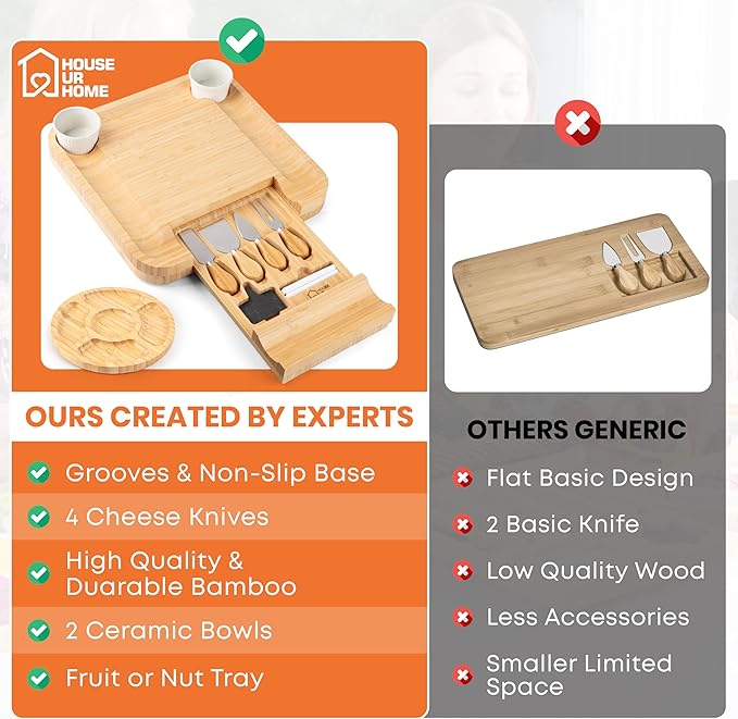 Large Bamboo Charcuterie Boards Gift Set with Hidden Drawer, Side Fruit Tray, Cheese Knife Set, Ceramic Bowls, Recipe Book - House Warming Gifts New Home