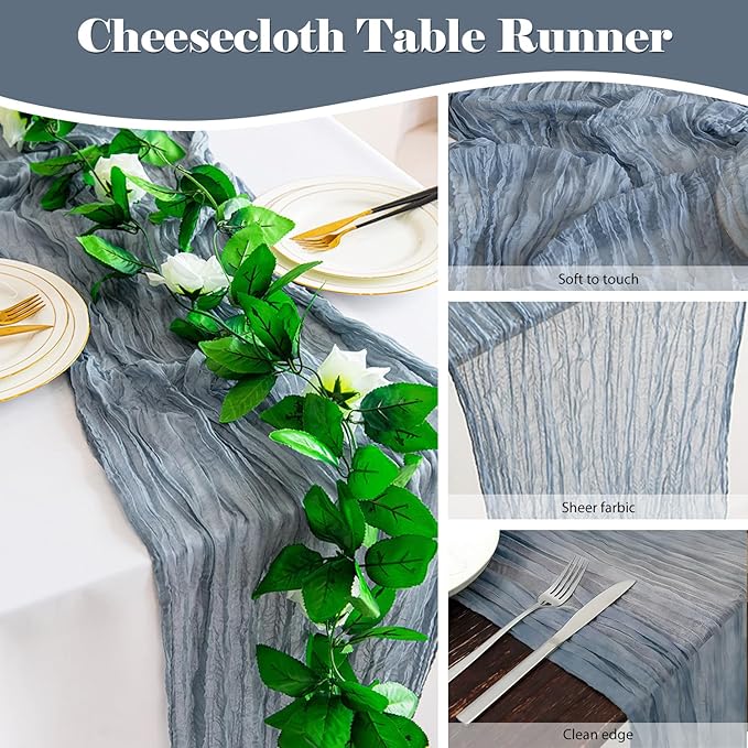 2 Pack 10 Ft Cheesecloth Table Runner Dusty Blue Gauze Long Table Runners Boho Gauze Cheese Cloth Table Runner Rustic Sheer Runner for Wedding Party Table Decor ( 35 x 120 Inch )