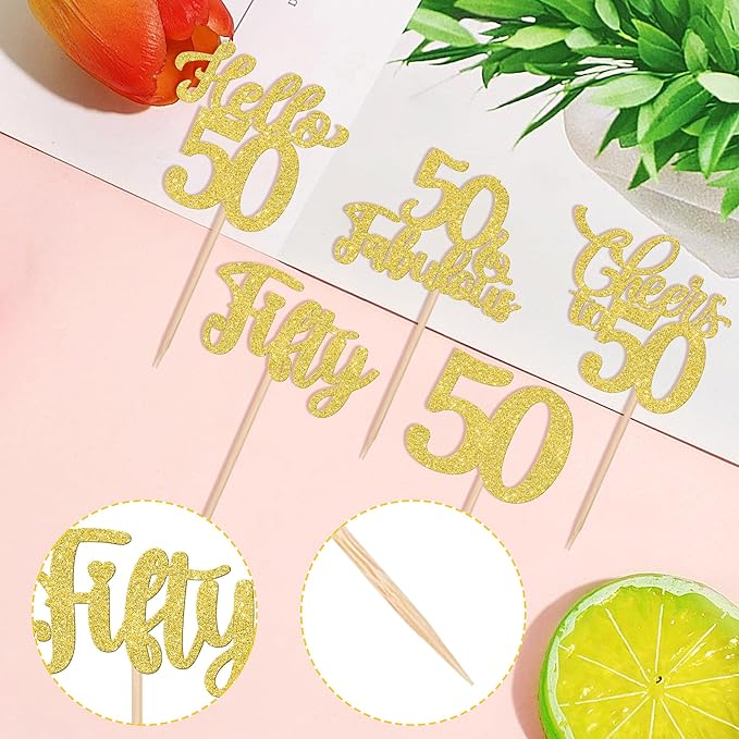 30PCS Happy 50th Birthday Cupcake Toppers Glitter Hello 50 Fabulous Fifty Cheers to 50 Years Old Birthday Cupcake Picks for Happy 50th Birthday Anniversary Party Cake Decorations Supplies Gold