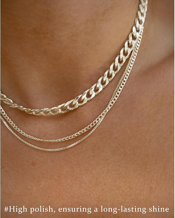 3PCS Gold Necklaces for Women,Chunky Statement Gold Plated Necklace Stack Layered Sterling Silver Herringbone Chains for Women Dainty Trendy Silver Chains Stacked Jewelry Gifts