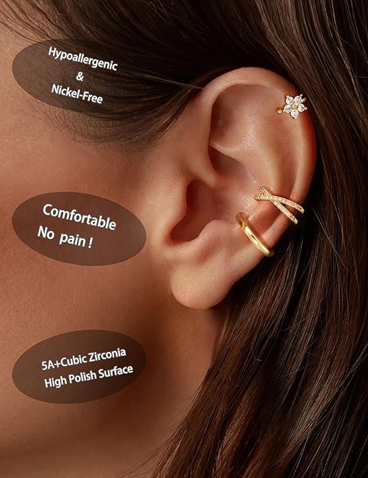 3Pcs Ear Cuffs Non Piercing for Women - Trendy 14K Gold Plated Cuffs Earrings with Cubic Zirconia - Dainty Clip On Cartilage Earring Jewelry