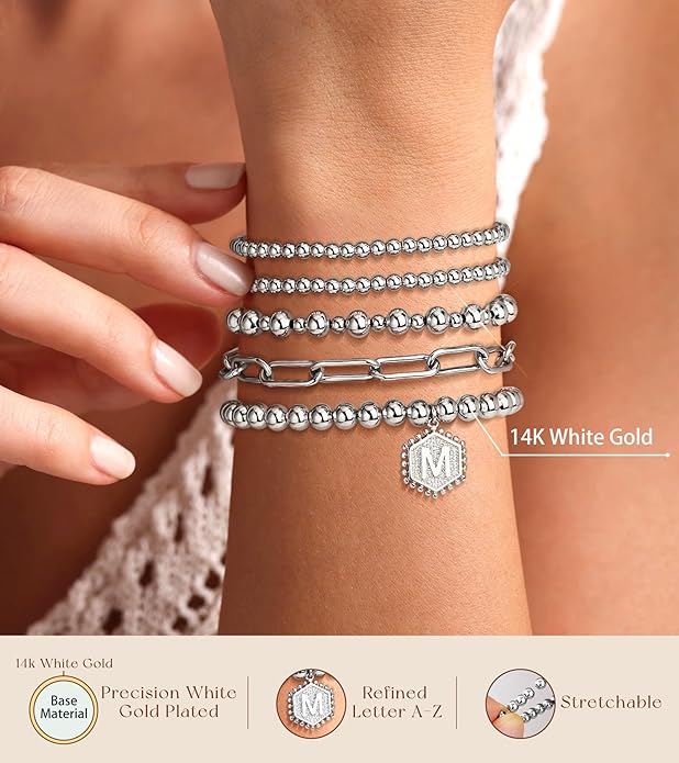 adoyi Gold Bracelets for Women Beaded Bracelet 14K Gold Plated Bracelet Stack Strand Stretch Bead Ball Bracelet Set Stackable Bracelet Adjustable Bracelet Set Jewelry for Gifts