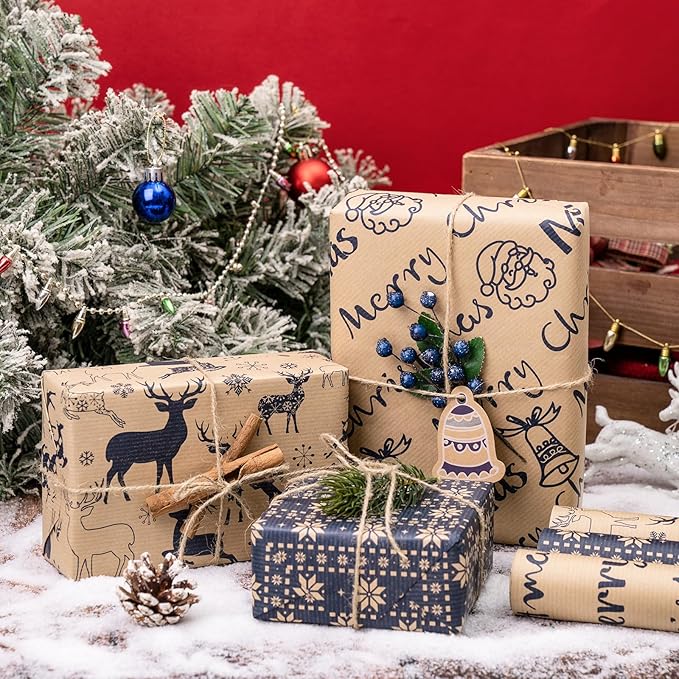 RUSPEPA Christmas Wrapping Paper Rolls - Mini Roll - 17 inches x 10 feet per Roll, Total of 3 Rolls - Reindeer and Snowflake