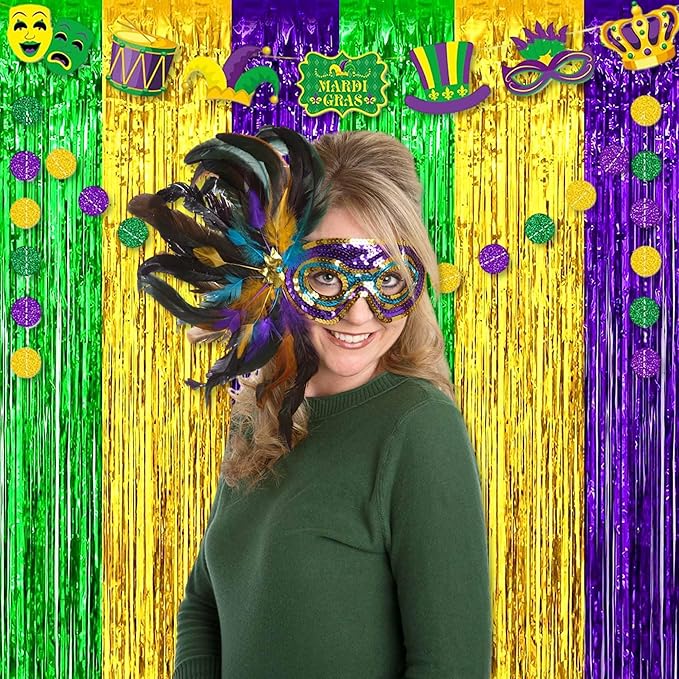 3 Pack Gold Green Purple Foil Fringe Curtains Backdrop, 3.28 x 8.2 Ft Metallic Streamers Tinsel Curtains Background for Photo Booth, Birthday, Halloween, Christmas, New Year Party Decorations