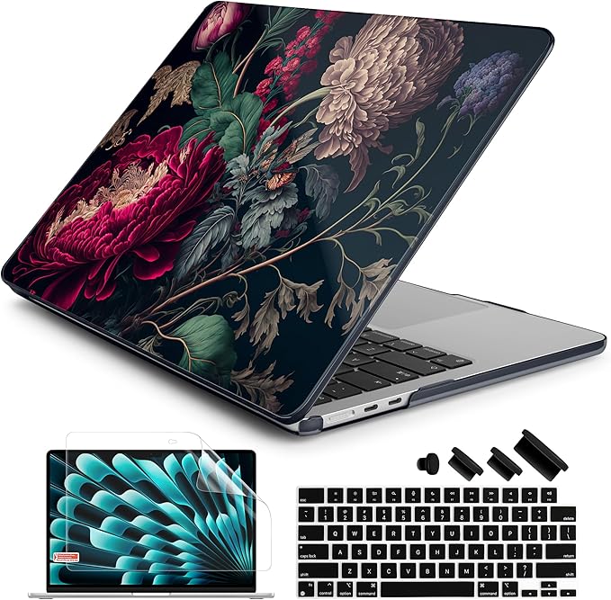 Batianda Premium Case for New MacBook Air 15 inch 2025 2024 2023 with M4 M3 M2 Chip, Designed Black Protective Plastic Hardshell & Keyboard Cover & Screen Protector, Vintage Flower