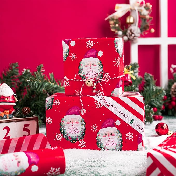 WRAPAHOLIC Reversible Christmas Wrapping Paper - Mini Roll - 17 Inch x 33 Feet - Red Santa Claus and Stripes Design for Christmas, Holiday, Party Celebration