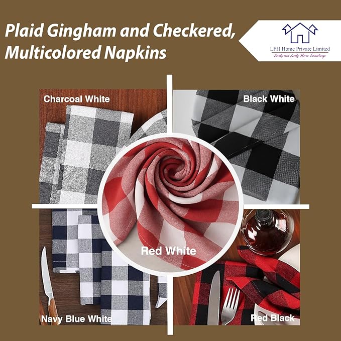 LFH Home 100% Cotton Cloth Reusable Dinner Napkins Set of 12 Washable Soft Decorative Buffalo Plaid Gingham and Checkered Table Napkins for Holidays Wedding Farmhouse Decor 18x18 Inch - Red & White