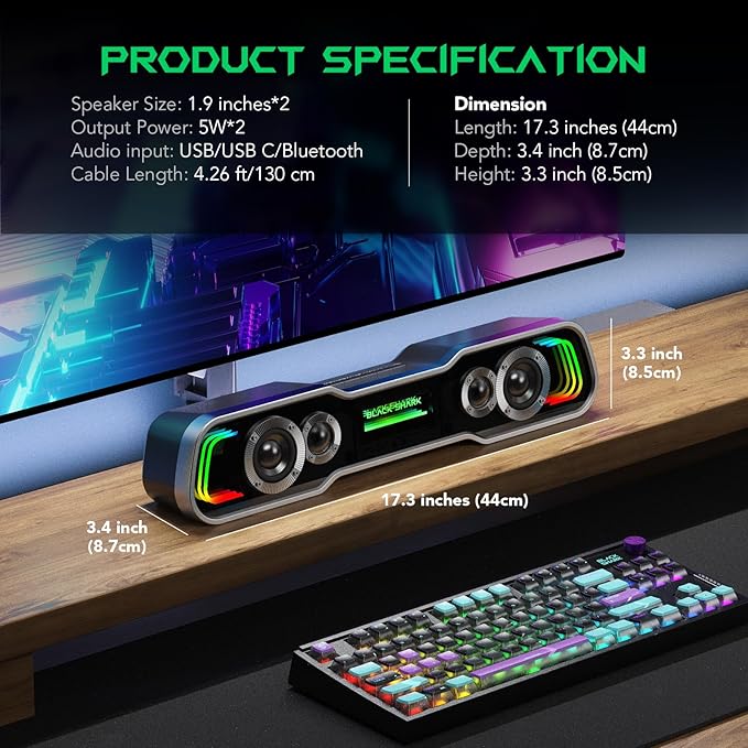 Black Shark BS-SP1 Bluetooth Computer Speakers for Desktop, 5 Colorful Lights Gaming PC Speaker with Stereo Sound, USB C/USB Powered Sound-bar for Computer Desktop PC Monitor Laptop