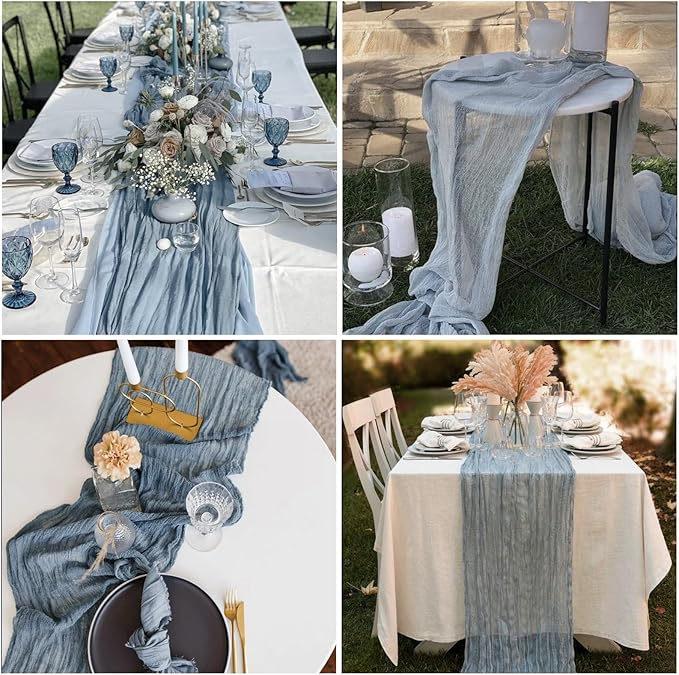 12 Pack Dusty Blue Cheesecloth Table Runner 10FT Boho Gauze Fabric Table Runner 35 x 120 Inch Rustic Sheer Runner for Centerpiece Wedding Decor Party Boho Table Decoration（Dusty Blue）
