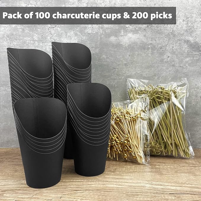 CAMKYDE [100 cups + 200 picks] 100 Pcs Charcuterie Cups with 200 Pcs Cocktail Picks (14oz, Black)