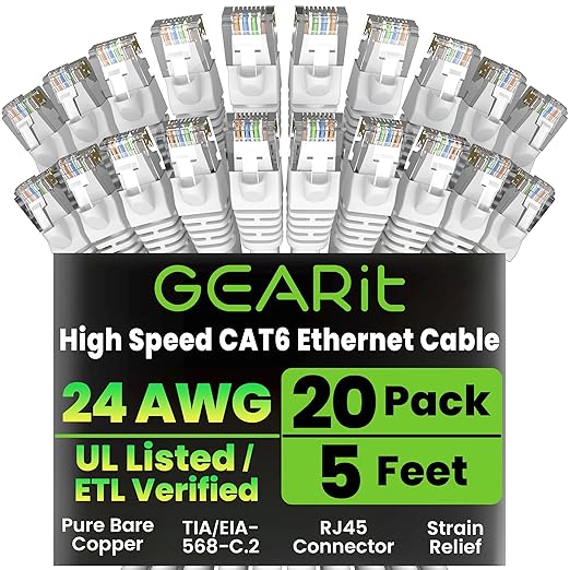 GEARit Cat 6 Ethernet Cable (20-Pack 5 Feet) Cat6 Network Patch, 10Gbps, RJ45, Snagless Cord, Gold-Plated Connectors, Internet for PC, TV, Tablet, Router, Printer, Servers, IT Data Center - White